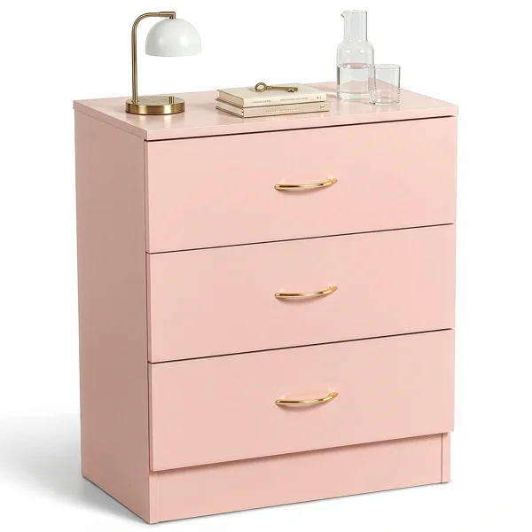 3-Drawer Chest with Faux Rose Gold Handles Drawer Dresser 22.05*12.99*25.98in Pink view 3