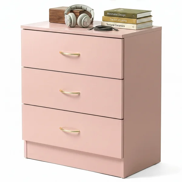 3-Drawer Chest with Faux Rose Gold Handles Drawer Dresser 22.05*12.99*25.98in Pink view 4