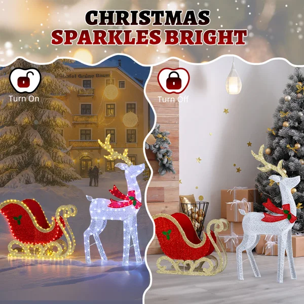 5ft Lighted Christmas Reindeer & Sleigh Outdoor Yard Decoration Set with LED Lights, Red & White view 3