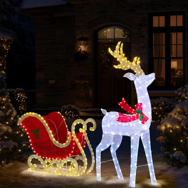 5ft Lighted Christmas Reindeer & Sleigh Outdoor Yard Decoration Set with LED Lights, Red & White view 5
