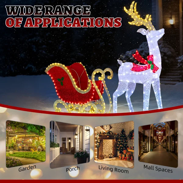 5ft Lighted Christmas Reindeer & Sleigh Outdoor Yard Decoration Set with LED Lights, Red & White view 6