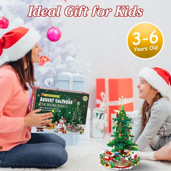 Christmas Tree Building Toy - 701 Pcs with 24-Day Countdown Calendar, 30 LED Warm Lights (USB Powered) - Santa, Ornaments, Snowflake Topper - Educational Blocks for Kids 3-6, Tabletop Decor view 2