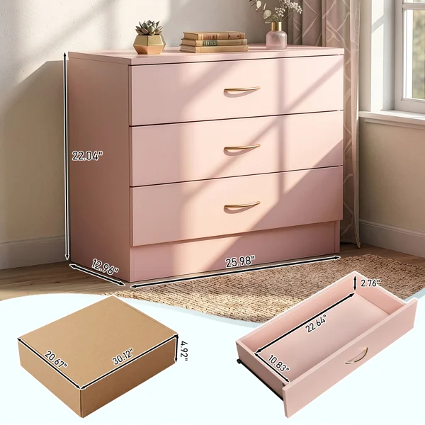3-Drawer Chest with Faux Rose Gold Handles Drawer Dresser 25.98*12.99*22.05in Pink view 5