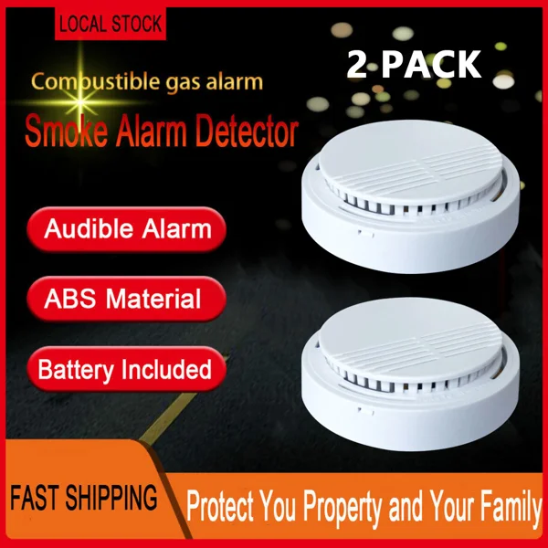 (2 Pack) Smoke Alarm Detector Home Fire Safety Sensor Alert Battery Included