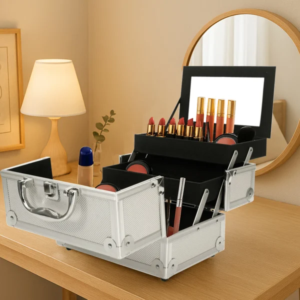 SM-2176 Aluminum Makeup Train Case Jewelry Box Cosmetic Organizer with Mirror 9"x6"x6" Silver view 2
