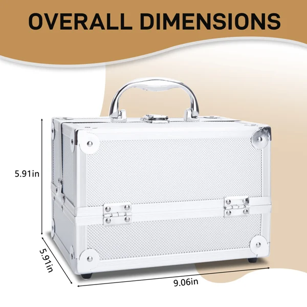 SM-2176 Aluminum Makeup Train Case Jewelry Box Cosmetic Organizer with Mirror 9"x6"x6" Silver view 3
