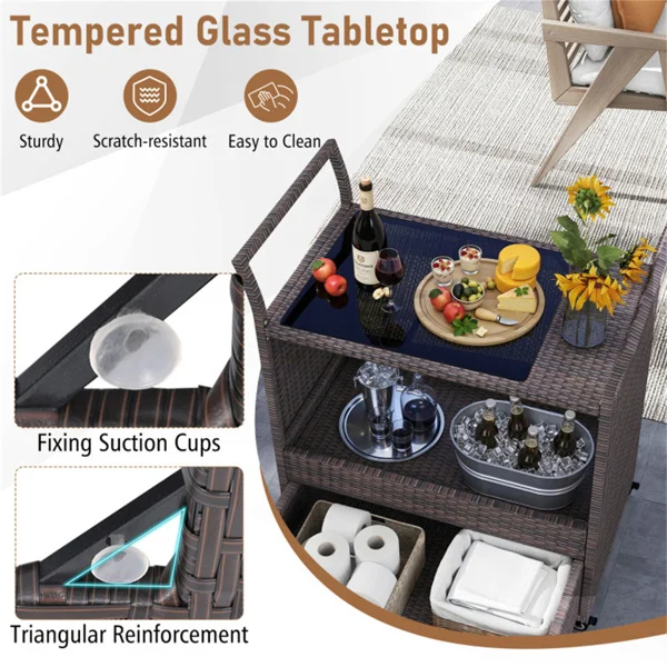 Handwoven PE Rattan Outdoor Bar Cart with Tempered Glass Top & Drawer, 4 Wheels with Brakes Serving Cart for Patio view 6