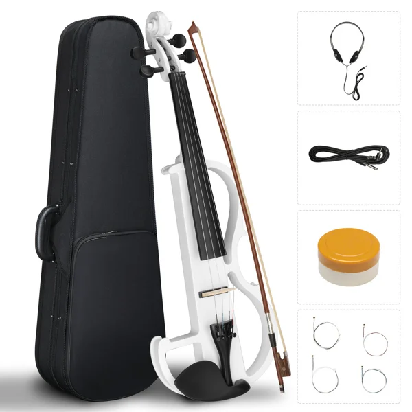 Full Size 4/4 Bunnel Edge Electric Silent Violin with Case Bow Rosin Headphone Connecting Line White
