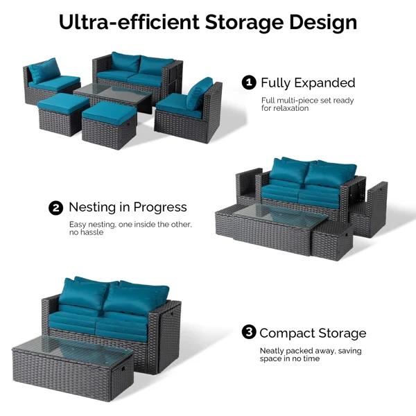 2pcs armless sofa + 2pcs footstool + 1pcs double sofa + 1pcs coffee table with storage black rattan and peacock green cushions, rattan multi-piece set view 2