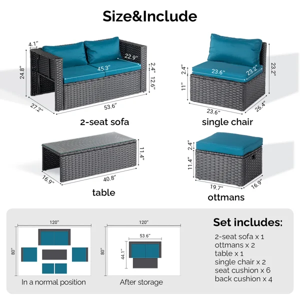 2pcs armless sofa + 2pcs footstool + 1pcs double sofa + 1pcs coffee table with storage black rattan and peacock green cushions, rattan multi-piece set view 3