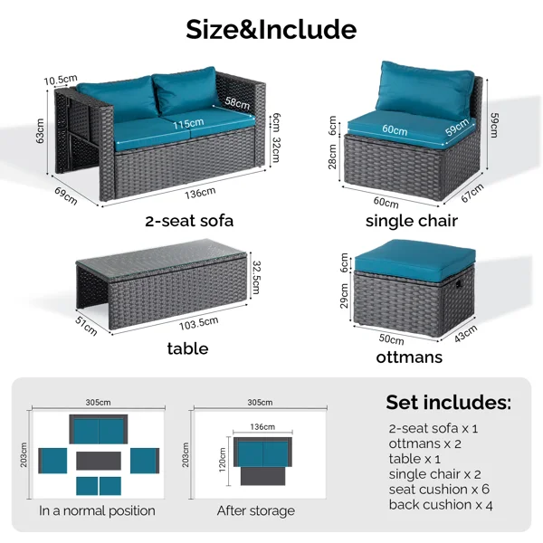 2pcs armless sofa + 2pcs footstool + 1pcs double sofa + 1pcs coffee table with storage black rattan and peacock green cushions, rattan multi-piece set view 4