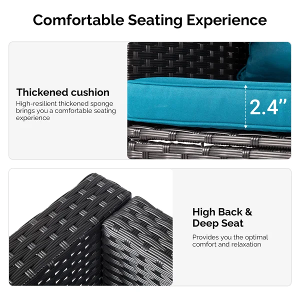 2pcs armless sofa + 2pcs footstool + 1pcs double sofa + 1pcs coffee table with storage black rattan and peacock green cushions, rattan multi-piece set view 5
