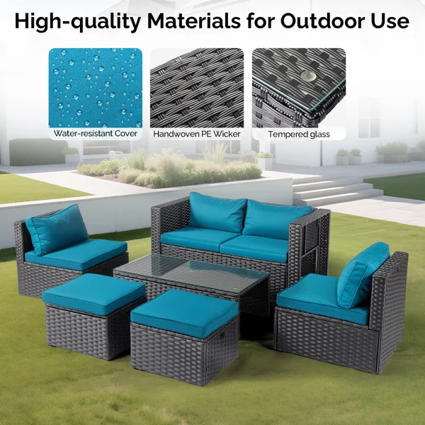 2pcs armless sofa + 2pcs footstool + 1pcs double sofa + 1pcs coffee table with storage black rattan and peacock green cushions, rattan multi-piece set view 6