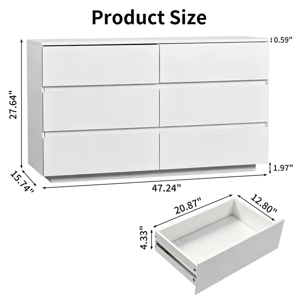 Handle-Free 6-Drawer Storage Cabinet Chest of Drawers with USB-Powered RGB LED Strip 47.24*15.75*27.56in High-Gloss White view 5
