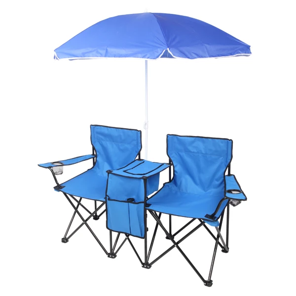 Portable Outdoor 2-Seat Folding Chair with Removable Sun Umbrella Blue view 6
