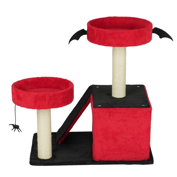 26" Gothic Cat Tree, Cat Tower with Spacious Cat Condo, 2 Padded Perches, Spider Toy, Scratching Posts, Scratching Ladder for Large Cats, Red & Black view 3