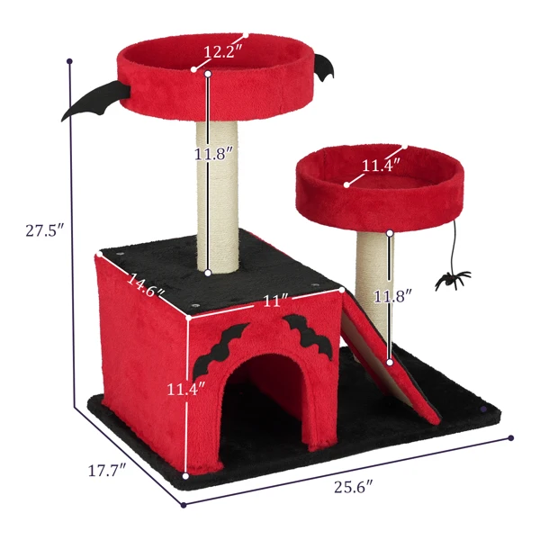 26" Gothic Cat Tree, Cat Tower with Spacious Cat Condo, 2 Padded Perches, Spider Toy, Scratching Posts, Scratching Ladder for Large Cats, Red & Black view 4
