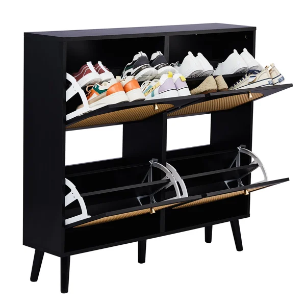 2 rows of 4 dump buckets with high-leg arched rattan shoe cabinet particle board + plastic rattan 105*24*98cm black frame + original wood rattan surface + black high-leg shoe cabinet view 2