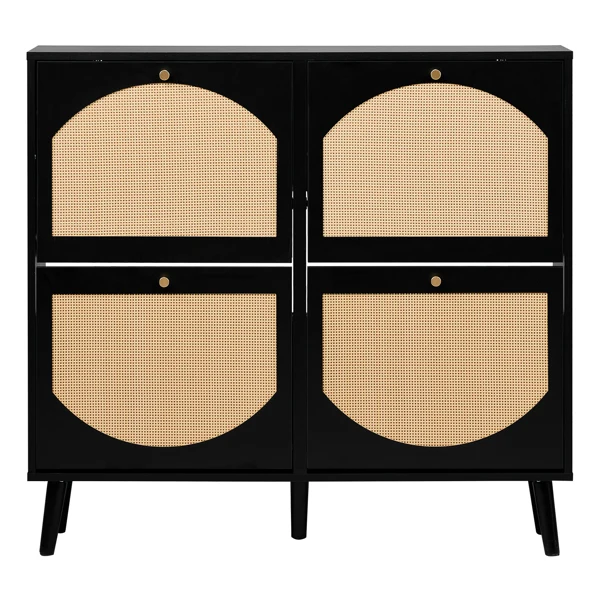 2 rows of 4 dump buckets with high-leg arched rattan shoe cabinet particle board + plastic rattan 105*24*98cm black frame + original wood rattan surface + black high-leg shoe cabinet view 3