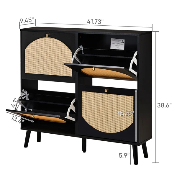2 rows of 4 dump buckets with high-leg arched rattan shoe cabinet particle board + plastic rattan 105*24*98cm black frame + original wood rattan surface + black high-leg shoe cabinet view 5