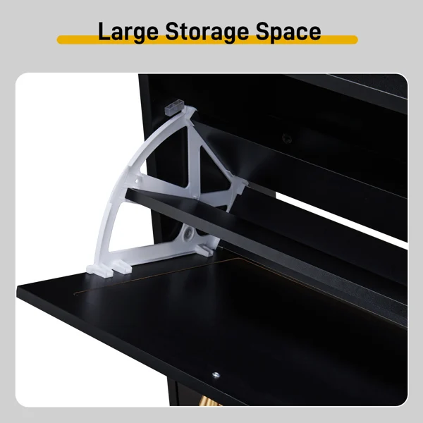 2 rows of 4 dump buckets with high-leg arched rattan shoe cabinet particle board + plastic rattan 105*24*98cm black frame + original wood rattan surface + black high-leg shoe cabinet view 6