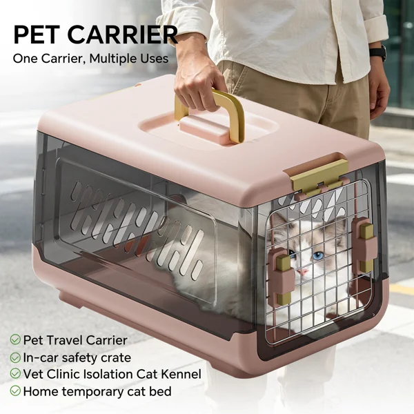 Pink aviation enclosed cat litter box with handle, spacious anti tracking cat toilet, ideal choice for indoor cats and travel view 2