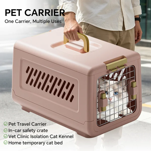 Pink aviation enclosed cat litter box with handle, spacious anti tracking cat toilet, ideal choice for indoor cats and travel