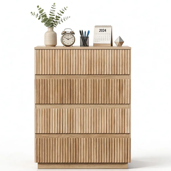Handleless Grille-Finished 4-Drawer Bedside Table P2 Particleboard + MDF & Melamine Veneer + Thermoformed Drawer Dresser 23.62*14.96*30.71in Oak view 2