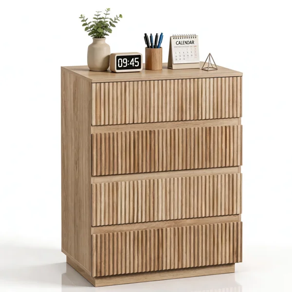 Handleless Grille-Finished 4-Drawer Bedside Table P2 Particleboard + MDF & Melamine Veneer + Thermoformed Drawer Dresser 23.62*14.96*30.71in Oak view 3