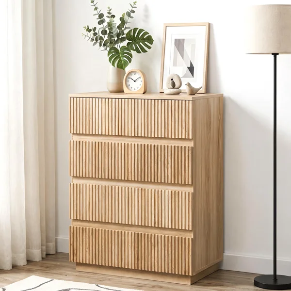 Handleless Grille-Finished 4-Drawer Bedside Table P2 Particleboard + MDF & Melamine Veneer + Thermoformed Drawer Dresser 23.62*14.96*30.71in Oak