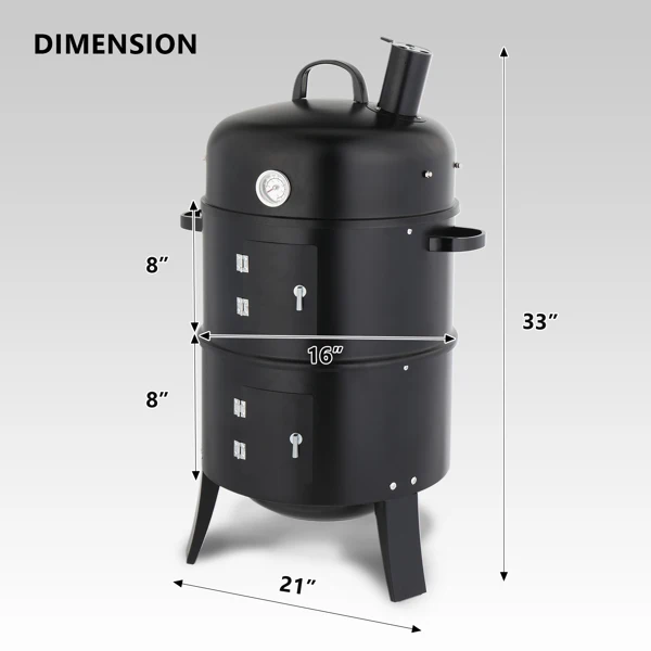 43 x 52 x 85 cm — Black Cylindrical Smoker with Chimney — Powder-Coated Iron view 3