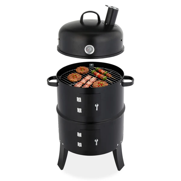 43 x 52 x 85 cm — Black Cylindrical Smoker with Chimney — Powder-Coated Iron