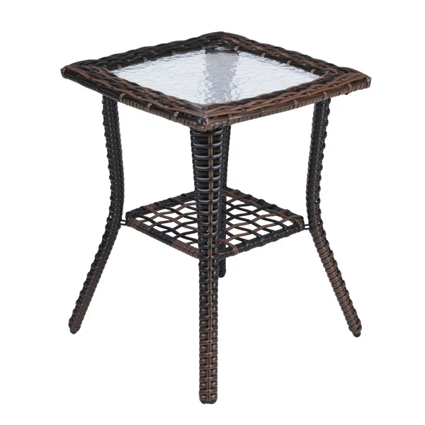 Outdoor Wicker Side Table, Rattan End Table with Glass Top, Patio Coffee Bistro Table for Indoor Garden Porch Balcony, Brown view 3
