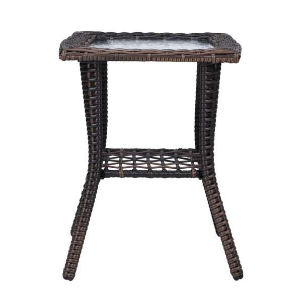 Outdoor Wicker Side Table, Rattan End Table with Glass Top, Patio Coffee Bistro Table for Indoor Garden Porch Balcony, Brown view 5
