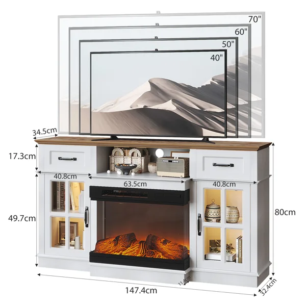 58 Inch Black Gold Oak Fireplace TV Stand with 25 Inch Insert, 2 Doors 2 Drawers & Glass Shelves, Media Console 147.4 x 45 x 80 cm view 3