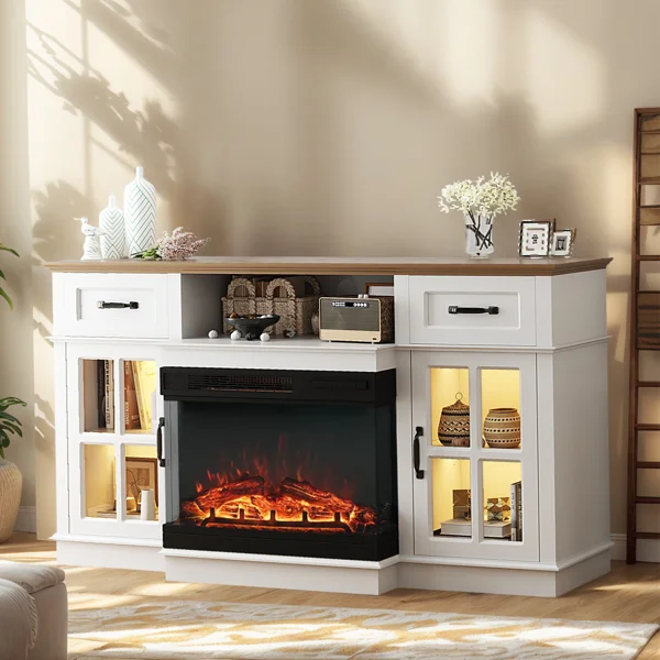 58 Inch Black Gold Oak Fireplace TV Stand with 25 Inch Insert, 2 Doors 2 Drawers & Glass Shelves, Media Console 147.4 x 45 x 80 cm view 6
