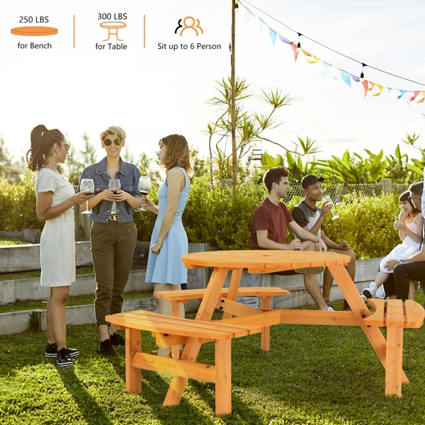 6-Person Outdoor Circular Wooden Picnic Table with 3 Built-In Benches, Outside Table and Bench Set for Porch Backyard Patio Lawn Garden view 4