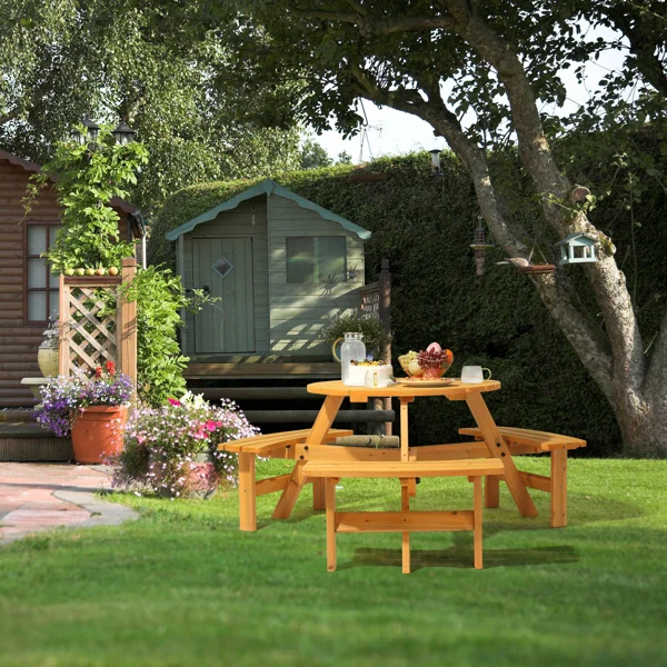 6-Person Outdoor Circular Wooden Picnic Table with 3 Built-In Benches, Outside Table and Bench Set for Porch Backyard Patio Lawn Garden view 5