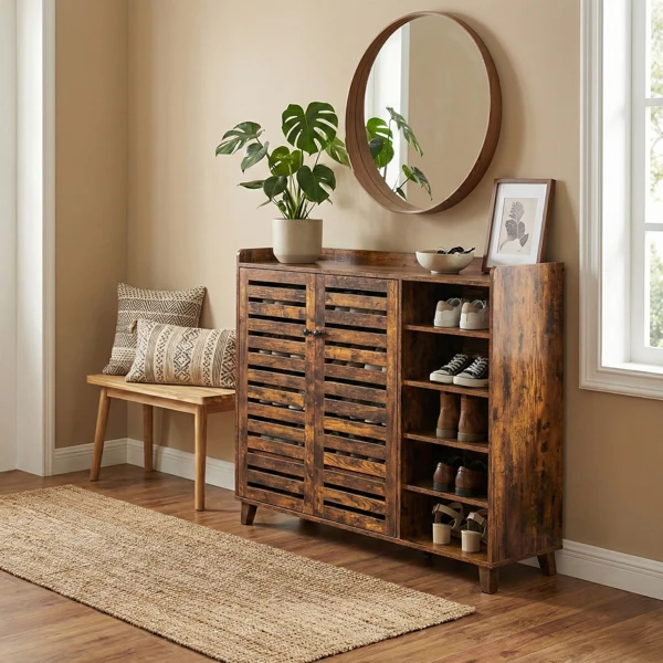 Shoe cabinet with 2 doors, 5 open compartments, and a tabletop with a back panel; made of MDF; 116*35.5*107cm; weathered wood color view 4