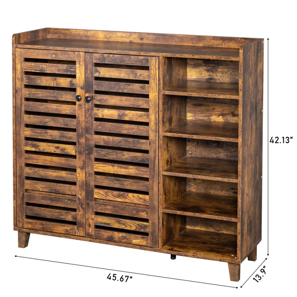 Shoe cabinet with 2 doors, 5 open compartments, and a tabletop with a back panel; made of MDF; 116*35.5*107cm; weathered wood color view 5