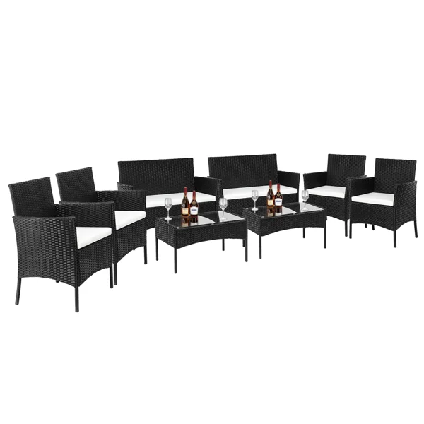 2pcs Arm Chairs 1pc Love Seat & Tempered Glass Coffee Table Rattan Sofa Set Black view 2