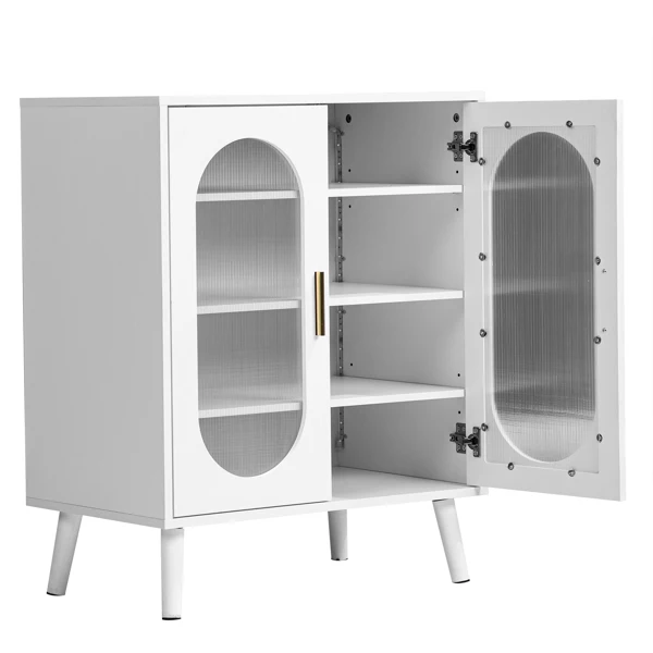 Two-door, polycarbonate sheet shoe cabinet with four internal layers, USB LED strip, and 24 adjustable buttons. Made of particleboard and polycarbonate sheet. Dimensions: 68*40*83.5 cm. White view 2