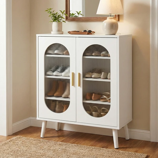 Two-door, polycarbonate sheet shoe cabinet with four internal layers, USB LED strip, and 24 adjustable buttons. Made of particleboard and polycarbonate sheet. Dimensions: 68*40*83.5 cm. White