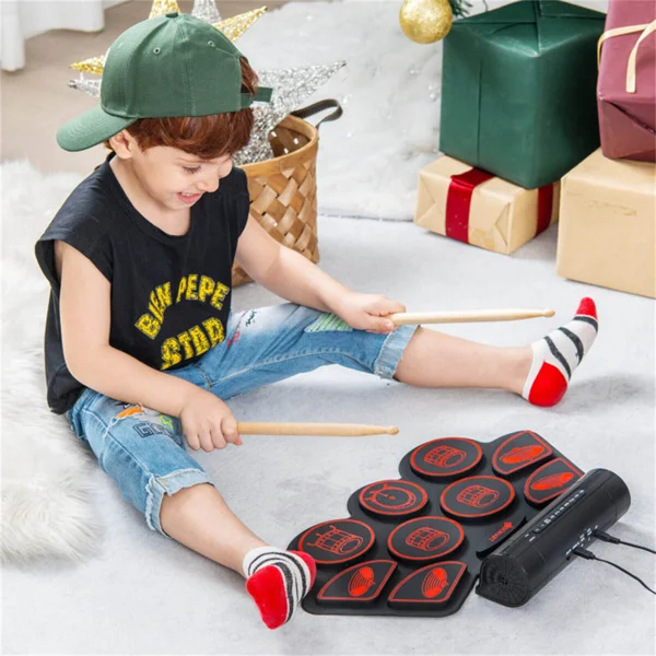 9-Pad Electric Drum Set for Beginners, MIDI USB Connection Dual Stereo Speakers Black+Red view 2