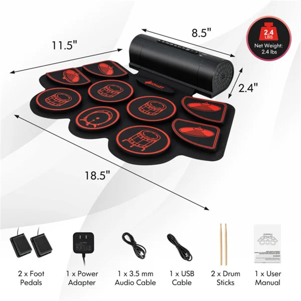 9-Pad Electric Drum Set for Beginners, MIDI USB Connection Dual Stereo Speakers Black+Red view 4