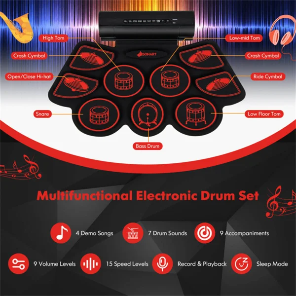 9-Pad Electric Drum Set for Beginners, MIDI USB Connection Dual Stereo Speakers Black+Red view 6