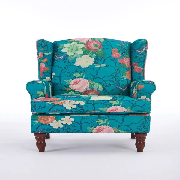 Modern Accent Chair with Retro Wood Legs, Comfy Upholstered Armchair, Floral Design Single Sofa Chair for Living Room Bedroom Office - Floral Cyan