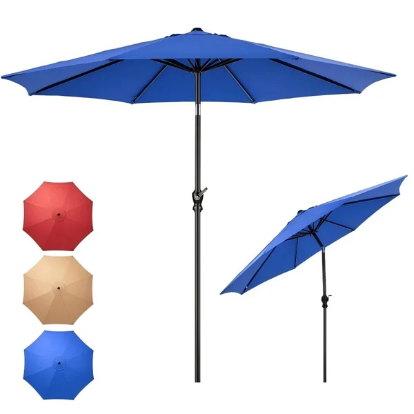 9FT Outdoor Patio Umbrella Market Table Polyester Fabric Canopy Iron Frame 8 Ribs UV Protection Waterproof