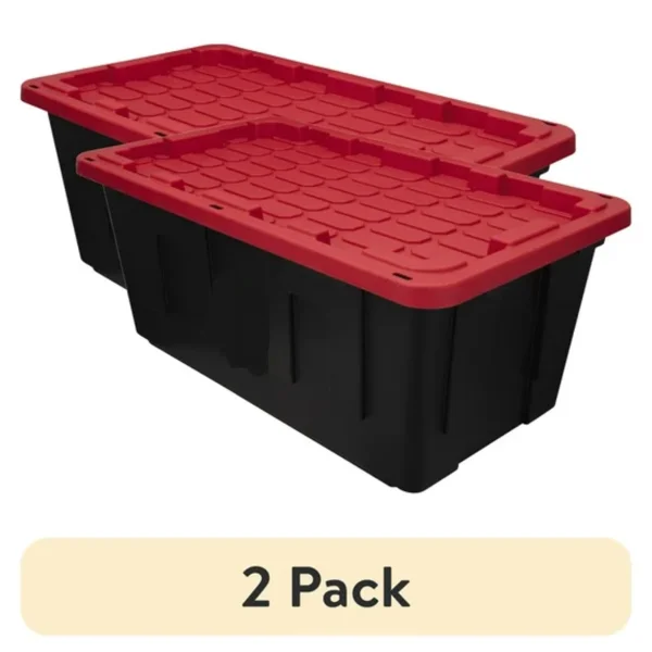 (2 pack)40 Gallon Extra Large Storage Bin with Snap Lid, Black and Red, Heavy Duty Plastic Storage Container