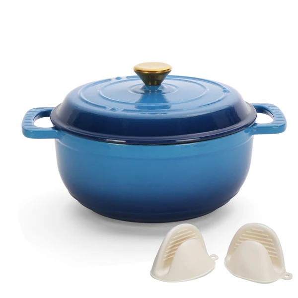 Cast iron 5QT cooking pot - Gradient blue - Includes two silicone gloves - Enamel pot view 5